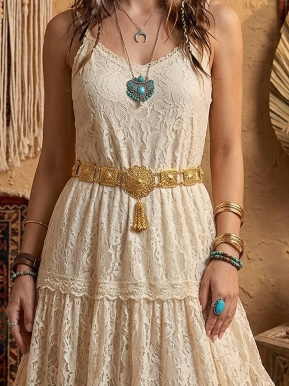 Boho Gold Filigree Flower Link Waist Chain Belt Medallion Tassel NEW! - Picture 3 of 8